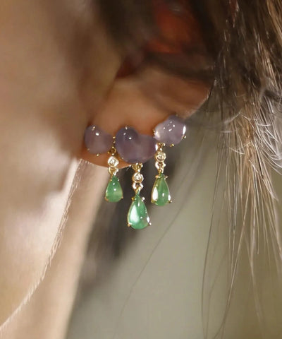 Unique Colorblock Copper Overgild Jade Love Water Droplet Tassel Drop Earrings