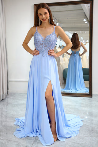 Chraming A Line Spaghetti Straps Blue Long Prom Dress with Split Front