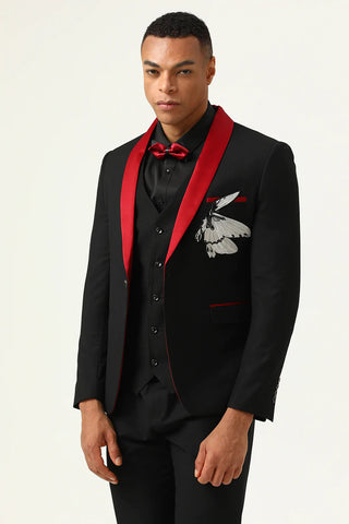 3 Piece Black Red Shawl Lapel Men's Prom Suits