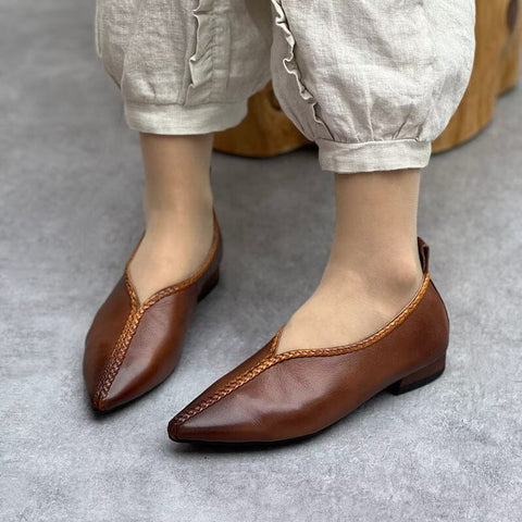Spring Retro Pointed Toe Leather Low Heel Casual Shoes