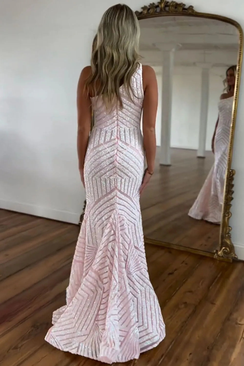 Dark Red One Shoulder Sequined Mermaid Prom Dress