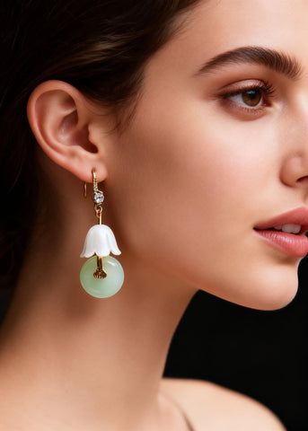 Chic White Lily Of The Valley Fine Jade Drop Earrings