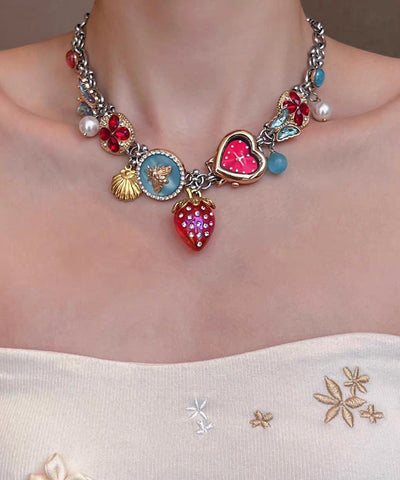 Novelty Rainbow Stainless Steel Strawberry Clock Butterfly Pendant Necklace