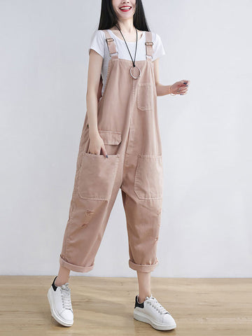 Women Summer Casual Solid Pocket Frayed Loose Jumpsuits