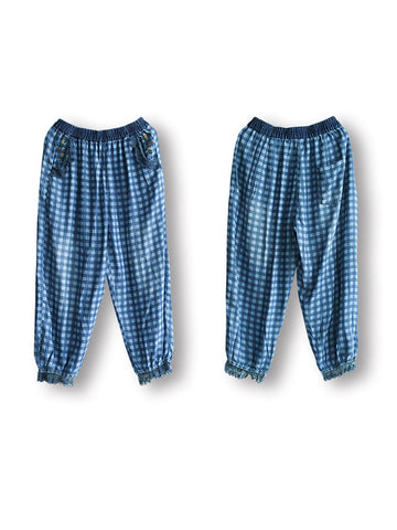 Women Retro Plaid Embroidery Spliced Lacework Harem Pants