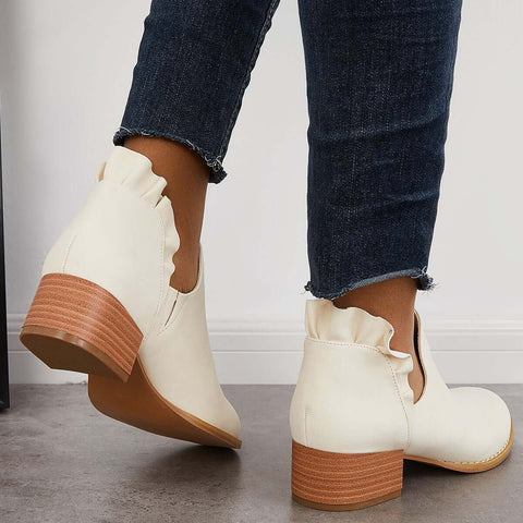 V-Cut Ruffle Ankle Boots Slip on Chunky Stacked Heel Booties