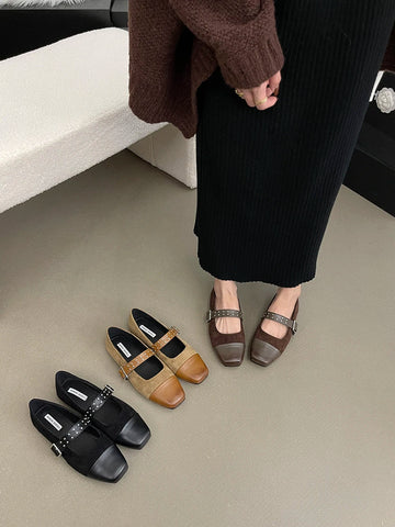 Runde Kappe Damen Loafer Mary Janes 2024 Neuheiten Mode Wohnungen Schwarz Braun Beige Nieten Design Casual Täglichen Schuhe Frau 35-39