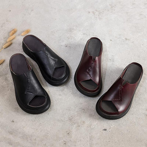 Women 2022 Sewing Platform Casual Leather Slippers
