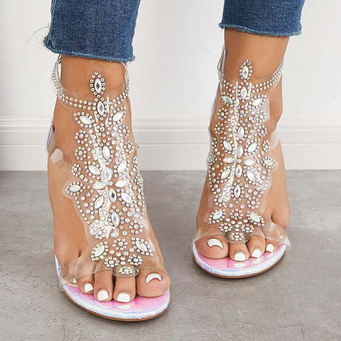 Rhinestone Block Chunky High Dress Heels T-Strap Sandals