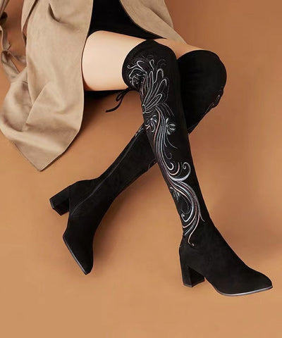 Retro Black Chinese Style Embroideried Chunky Knee Boots