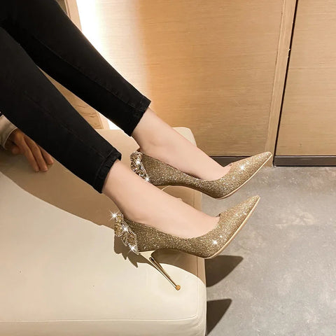 Gold bow crystal high heels slim heels shallow mouthed pointed toe single shoes fashionable French rhinestone wedding shoes