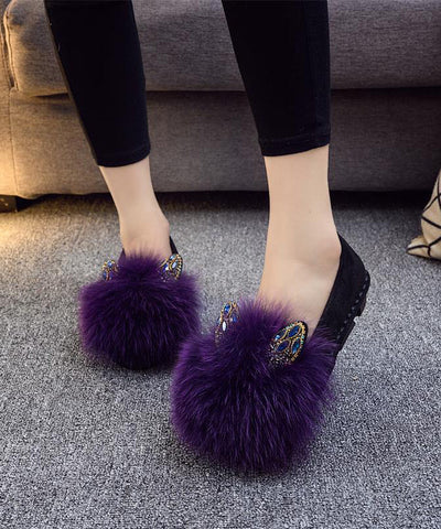 Lila Flache Schuhe Für Frauen Spleißen Fuzzy Pelz Zirkon