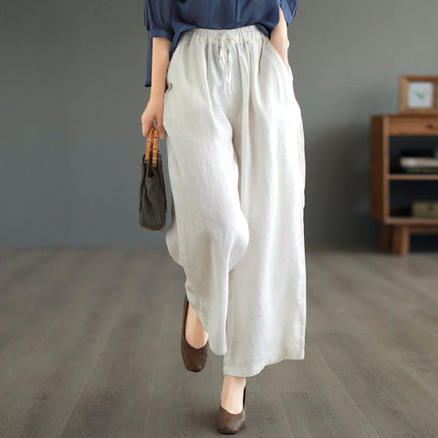 Women Summer Solid Loose Linen Casual Wide Leg Pants