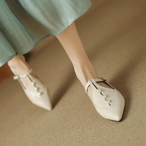 - Plus Size 41 42 43 Spring Autumn New Pointed Toe Pearls T-strap Buckle Mary Jane Shoes Women's Comfortable Flats Loafers Shoes