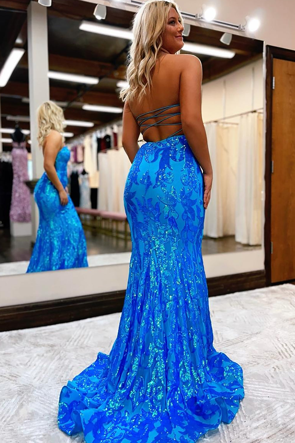 Sparkly Mermaid Blue Sweetheart Sequins Long Prom Dress with Open Back