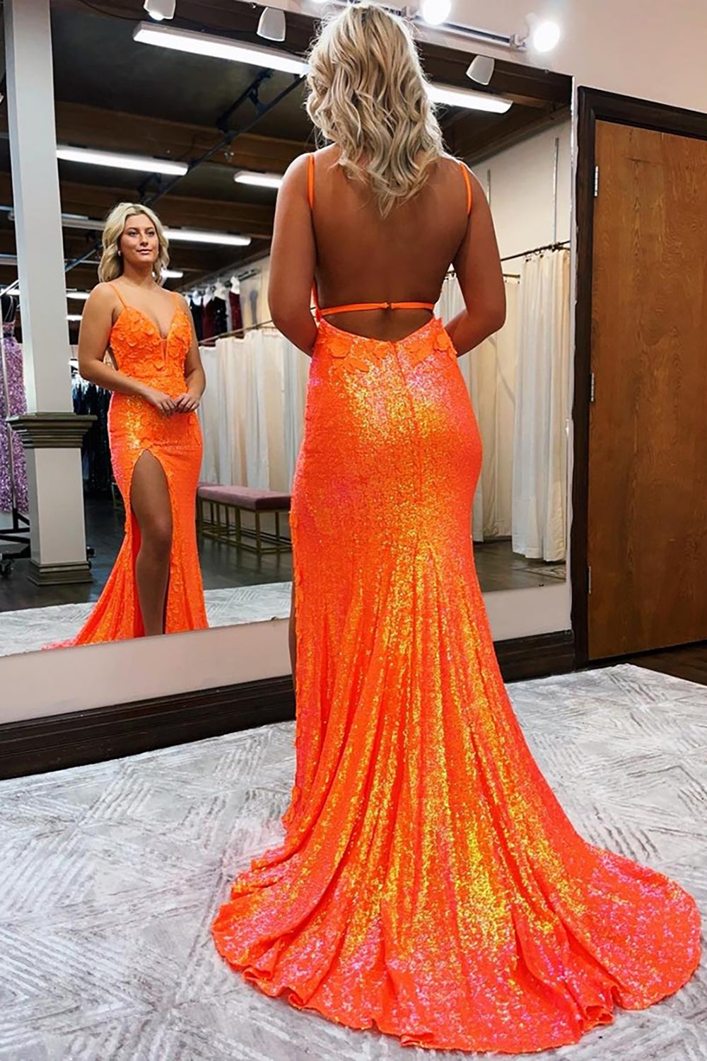 Orange Spaghetti Straps Sequins Mermaid Long Prom Dress with Appliques