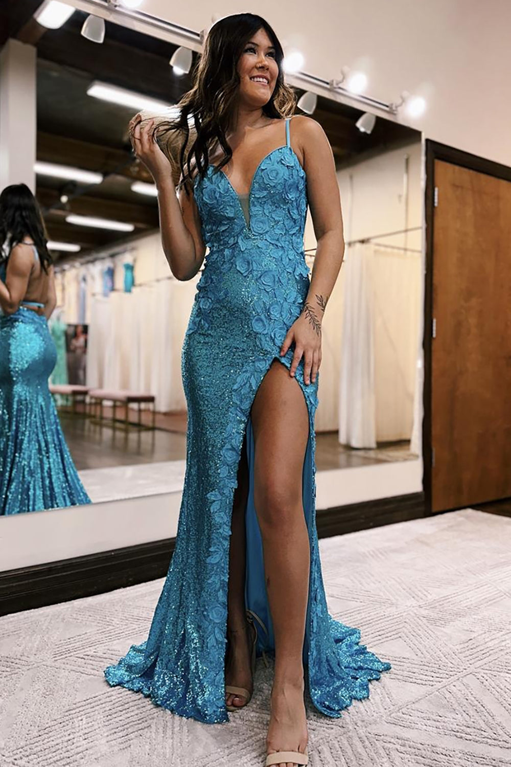 Orange Spaghetti Straps Sequins Mermaid Long Prom Dress with Appliques
