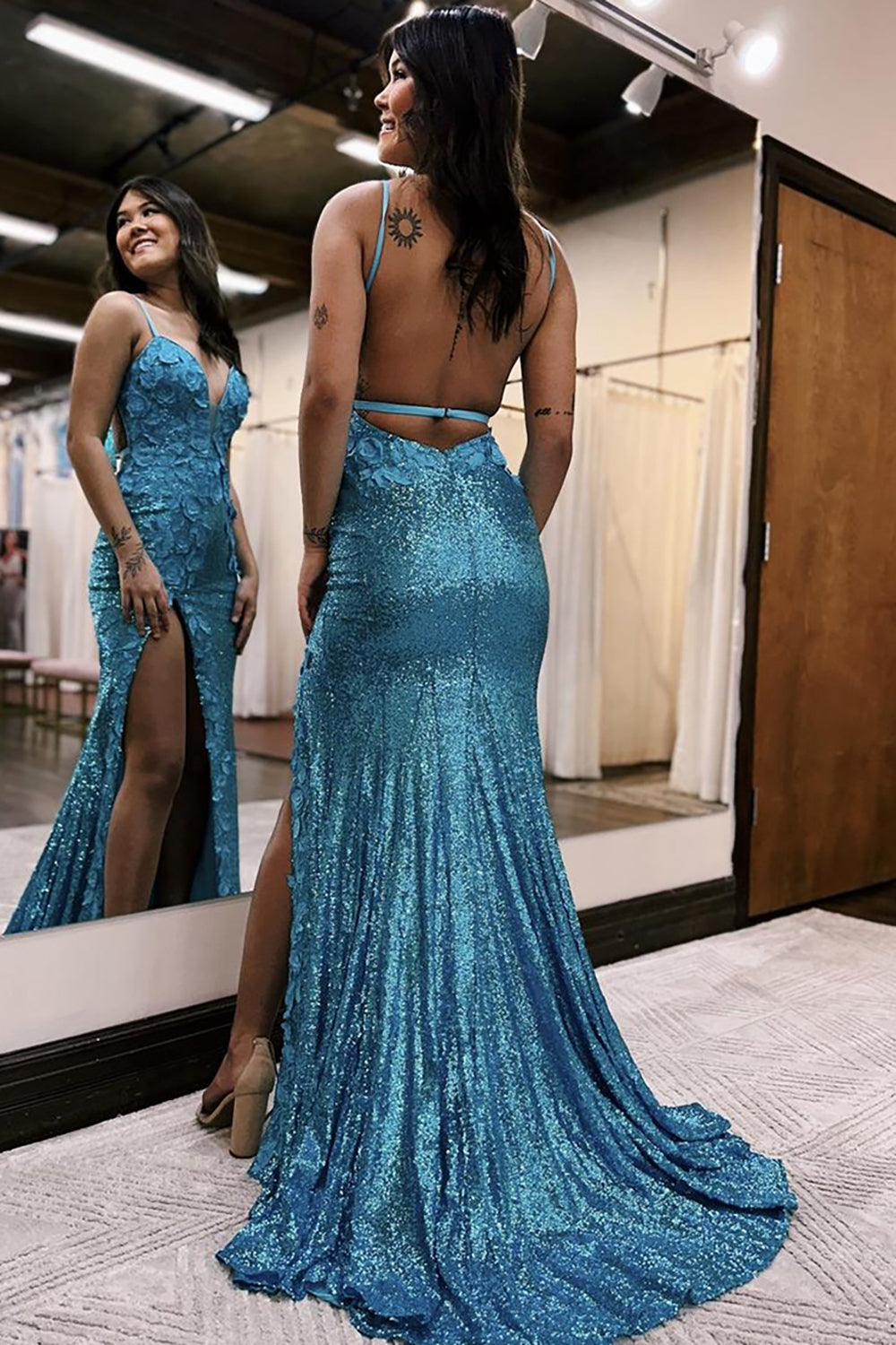 Orange Spaghetti Straps Sequins Mermaid Long Prom Dress with Appliques