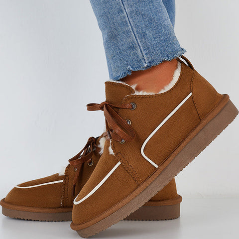 Flache Schneestiefel mit Schnürung, warme Loafer-Schuhe mit Kunstfellfutter