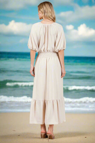 Tie Neck Puff Sleeve Beach Resort Maxi Dress