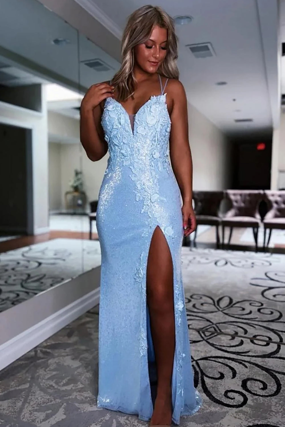 Black Mermaid Spaghetti Straps Sequins Long Prom Dress with Appliques