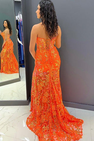 Mermaid Sweetheart Orange Sequins Long Prom Dress with Split Front