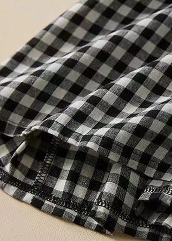 French Plaid Ruffled Lace Up Cotton Shirts Dresses Summer