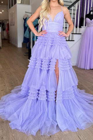 Tulle Tiered Spaghetti Straps Long Prom Dress with Slit