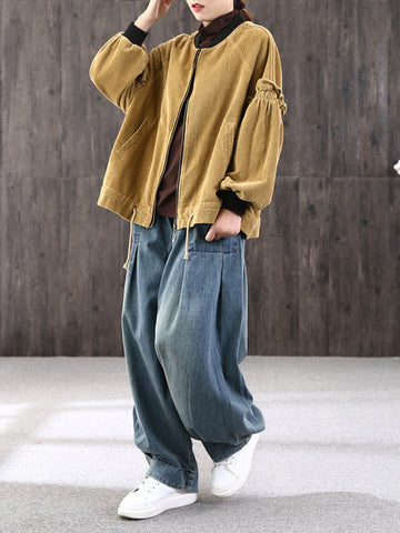 Leisure Solid Denim Puff Pants Bottoms