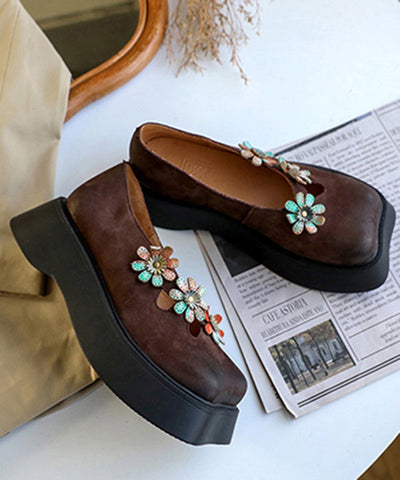 Coffee Flat Feet Shoes Platform Cowhide Leather Unique Floral Flat Shoes