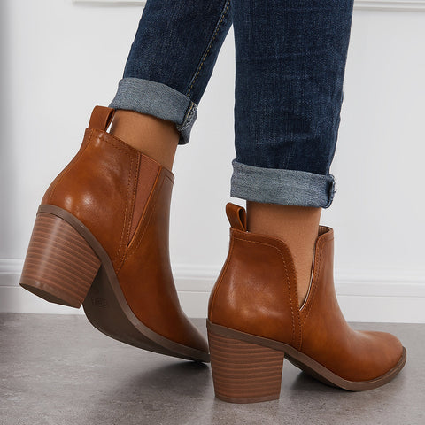 Cutout Western Ankle Cowboy Boots Chunky Stacked Heel Booties