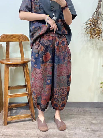 Women Worn Summer Print Loose Pocket Casual Pants