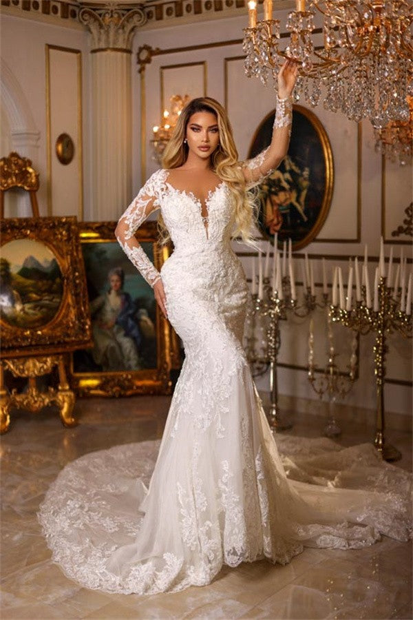 Bmbridal Long Sleeves Lace Wedding Gown Mermaid V-Neck Online