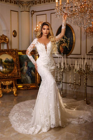 Bmbridal Long Sleeves Lace Wedding Gown Mermaid V-Neck Online
