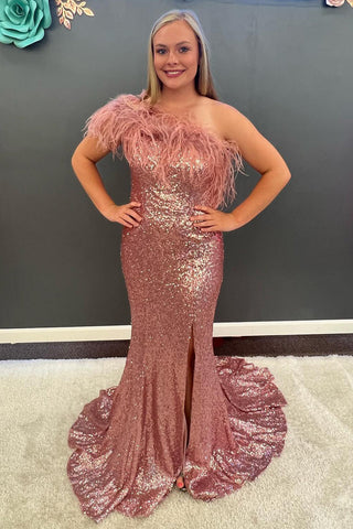 Mermaid Strapless White Sequins Plus Size Prom Dress with Feathers
