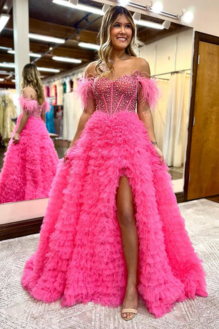 Purple Off the Shoulder Tulle Tiered A-Line Long Corset Prom Dress with Feather