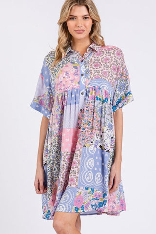 Floral Collared Neck Half Sleeve Mini Shirt Dress