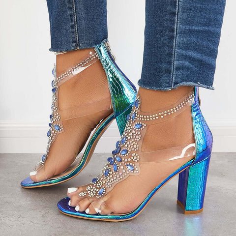Rhinestone Block Chunky High Dress Heels T-Strap Sandals