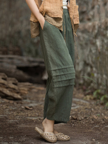 Women Vintage Solid Summer Straight Ramie Pants