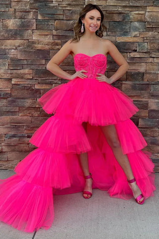 A-Line Asymmetrical Strapless Tiered Tulle Prom Dress
