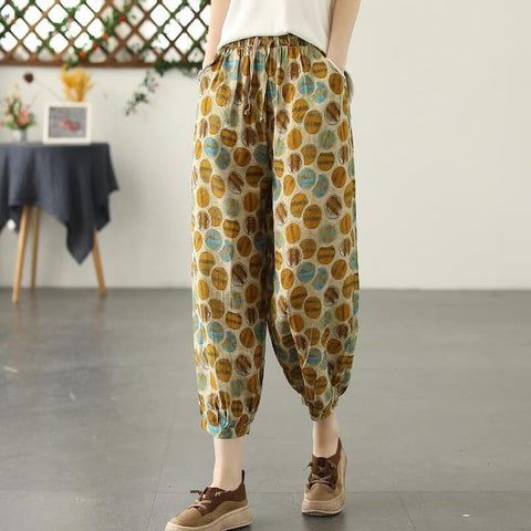 Summer Retro Print Loose Cotton Linen Pants