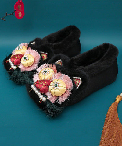 Rosa Retro Nagelperlen Spleißen Flache Schuhe Flauschige Wolle Gefüttert