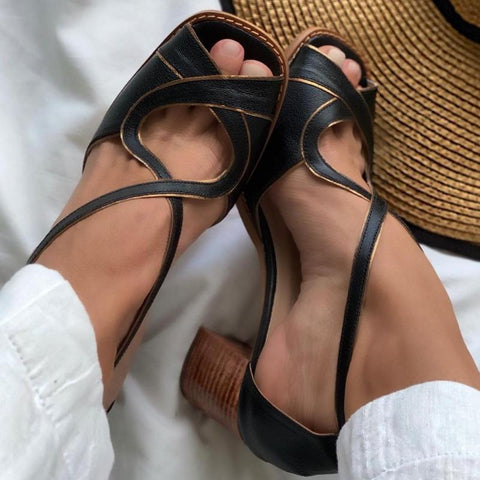 Mid Heel Sandals Summer Handmade Ladies Heels Mixed Colors Women Slip-On Peep Toe Ladies Pumps Square Heel Casual Shoes