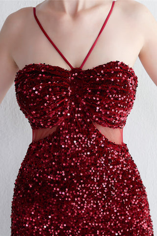 Mermaid Halter Black Sequins Long Prom Dress with Keyhole