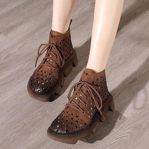 Leather Retro Lace-Up Thick-Soled Ethnic Hollow Boots