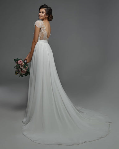 Cap Sleevels Lace Chiffon Wedding Dress Boho Bridal Gown