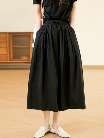 Women Summer Solid Pleat Pocket Loose Wide-leg Pants