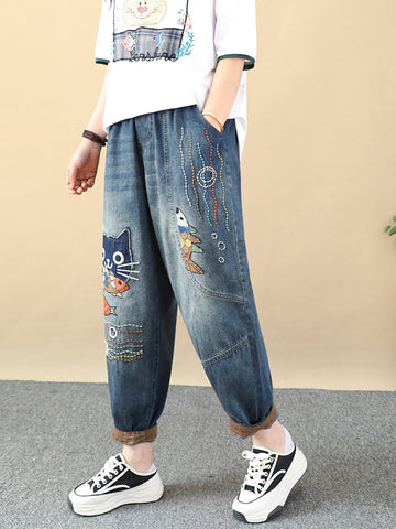 Women Summer Vintage Cartoon Patch Spliced Denim Pants