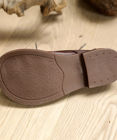 Retro Splicing Flat Shoes For Women Lace Up Coffee Cowhide Leather Flat Shoes