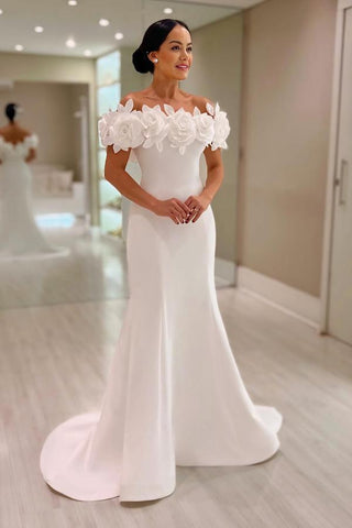 Glamorous Mermaid Off-The-Shoulder Satin Prom Dresses with Flowers